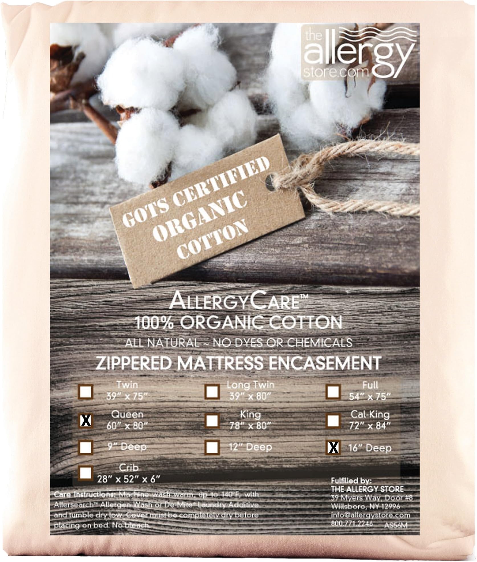 The Allergy Store Mattress Cover, Natural, 16"/Queen