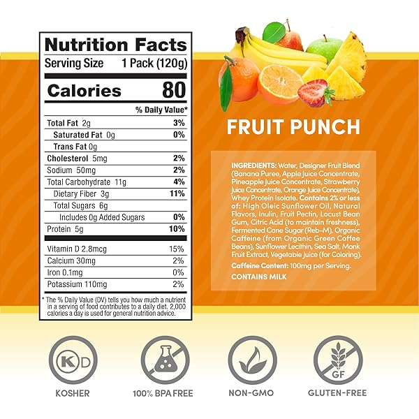 DESIGNER WELLNESS ENERGY SMOOTHIE, REAL FRUIT, 100MG NATURAL CAFFEINE, 5G PROTEIN, LOW CARB, ZERO ADDED SUGAR, GLUTEN-FREE, FRUIT PUNCH, 12 COUNT