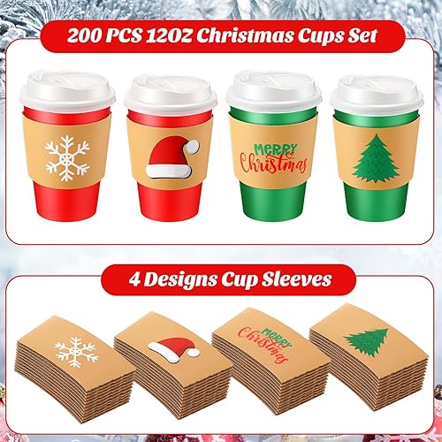 200 12 oz Christmas Cups with Lids and Coffee Cup Sleeves Bulk Red Green  Disposable Christmas Paper Coffee Cups for Beverage Chocolate Tea Cocoa  Xmas Holiday Table Decorations Party Favors in Saudi
