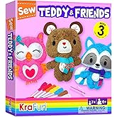 KraFun Sewing Kit for Kids Age 7+ Beginner My First Art & Craft, Includes 3 Stuffed Animal Dolls Teddy, Raccoon, Owl, Instruc