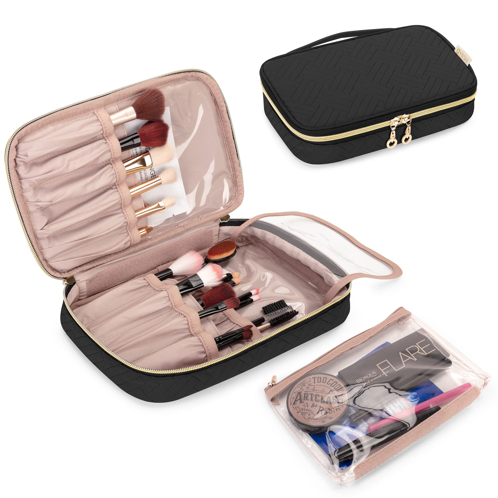 Yarwo Travel Makeup Brush Bag, Portable Organizer for Brushes (up to 24cm), Cosmetic Case With Detachable Transparent Pocket for Brush Set and Supplies, Black (Bag Only)