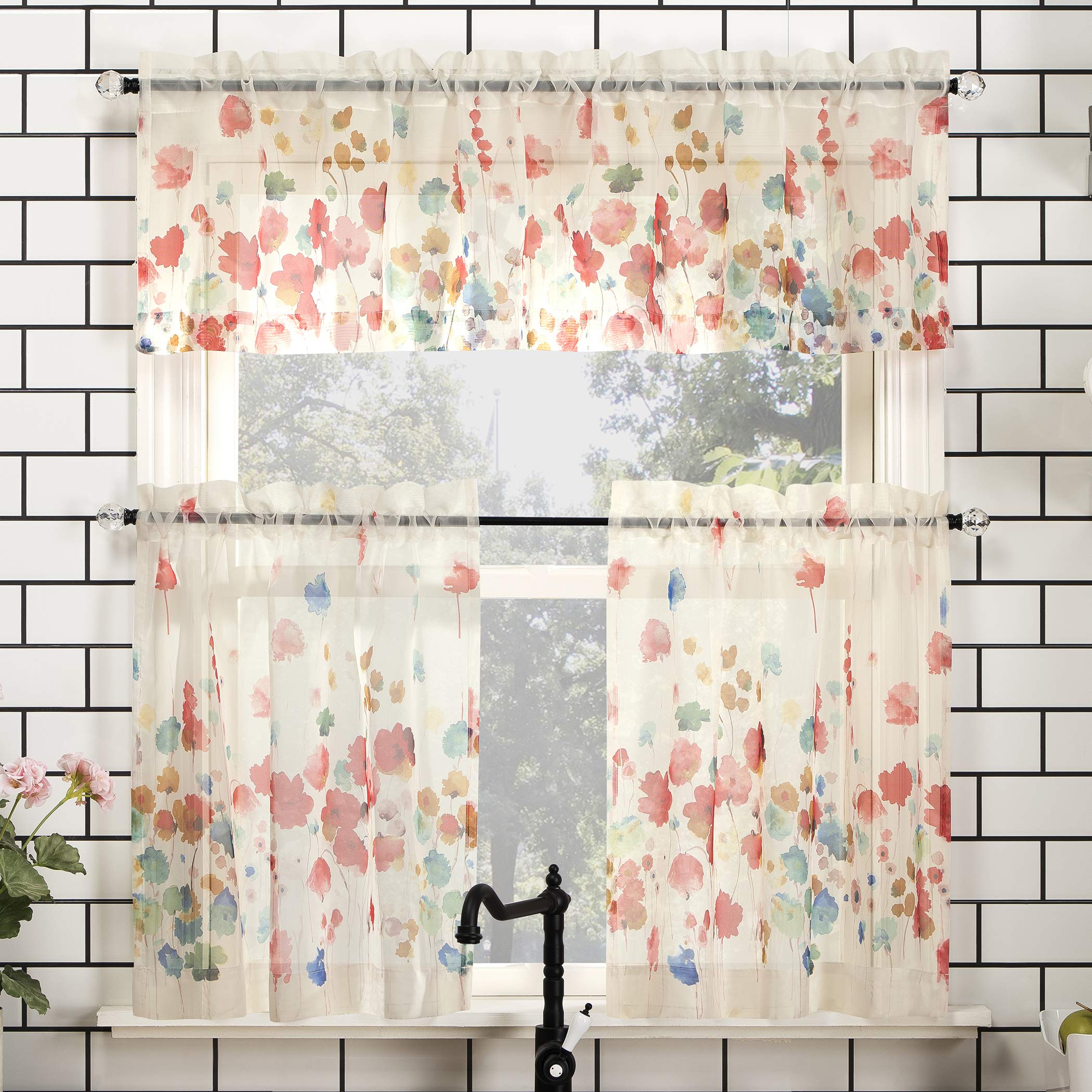 No. 918 Rosalind Floral Watercolor Semi-Sheer Rod Pocket Kitchen Curtain Valance and Tiers Set, 54" x 36" 3-Piece, Poppy Red