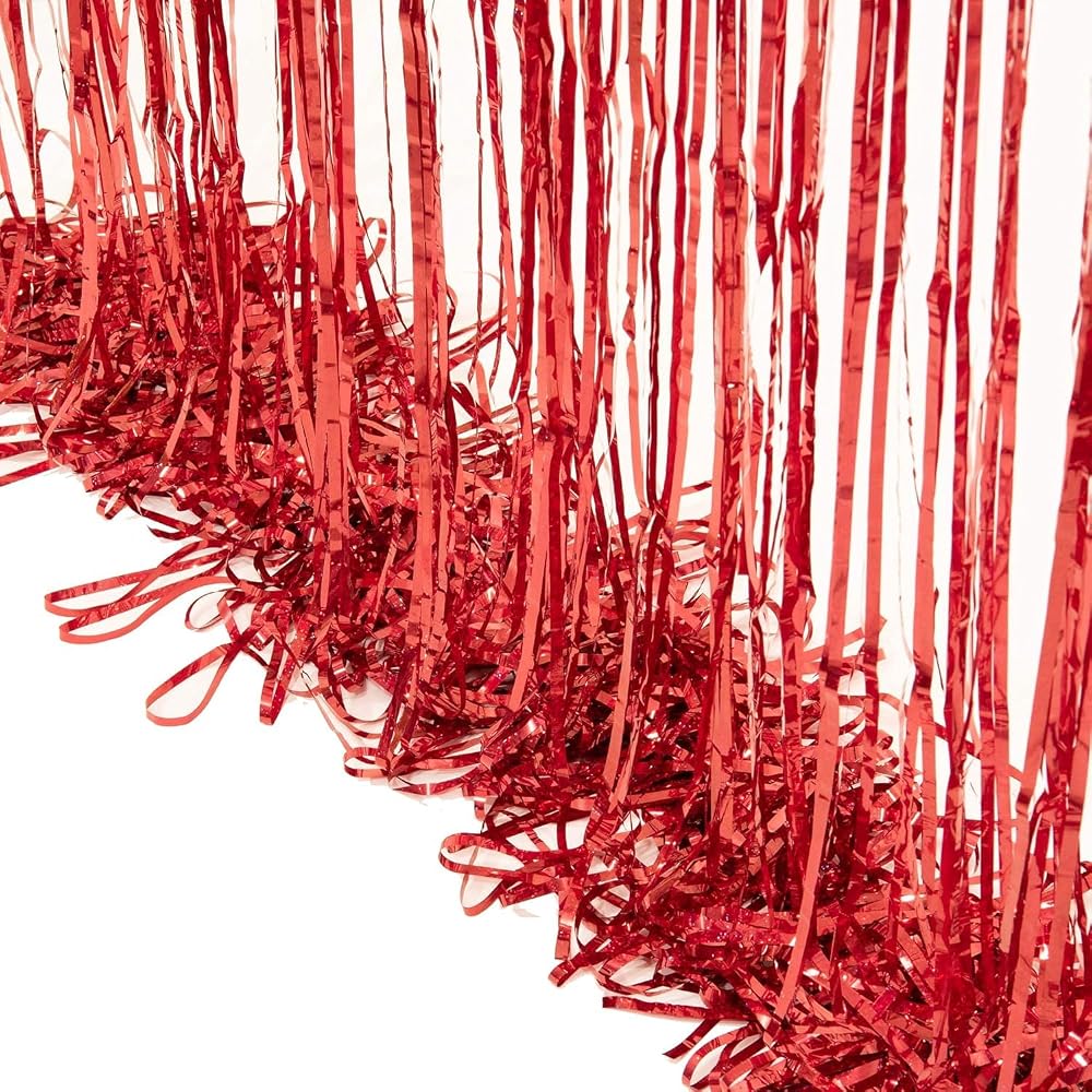 Red Metallic Tinsel Curtain Backdrop 2 Pack 3.2x8.2ft