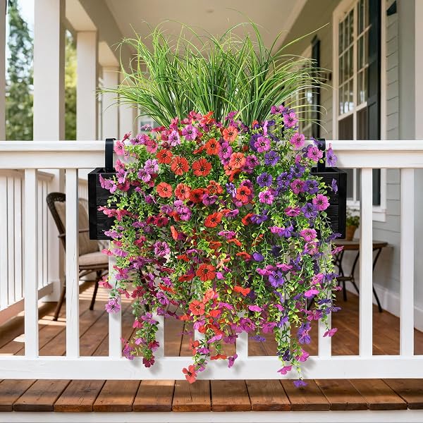 ARTIFICIAL HANGING FLOWERS WITH WHEAT GRASS FOR OUTDOORS, 5 PCS FAKE HANGING PLANTS FOR SPRING DECOR, UV RESISTANT FAUX SILK FLOWER GREENRY FOR PLANTER PORCH PATIO YARD GARDEN(MIXD PURPLE RED)