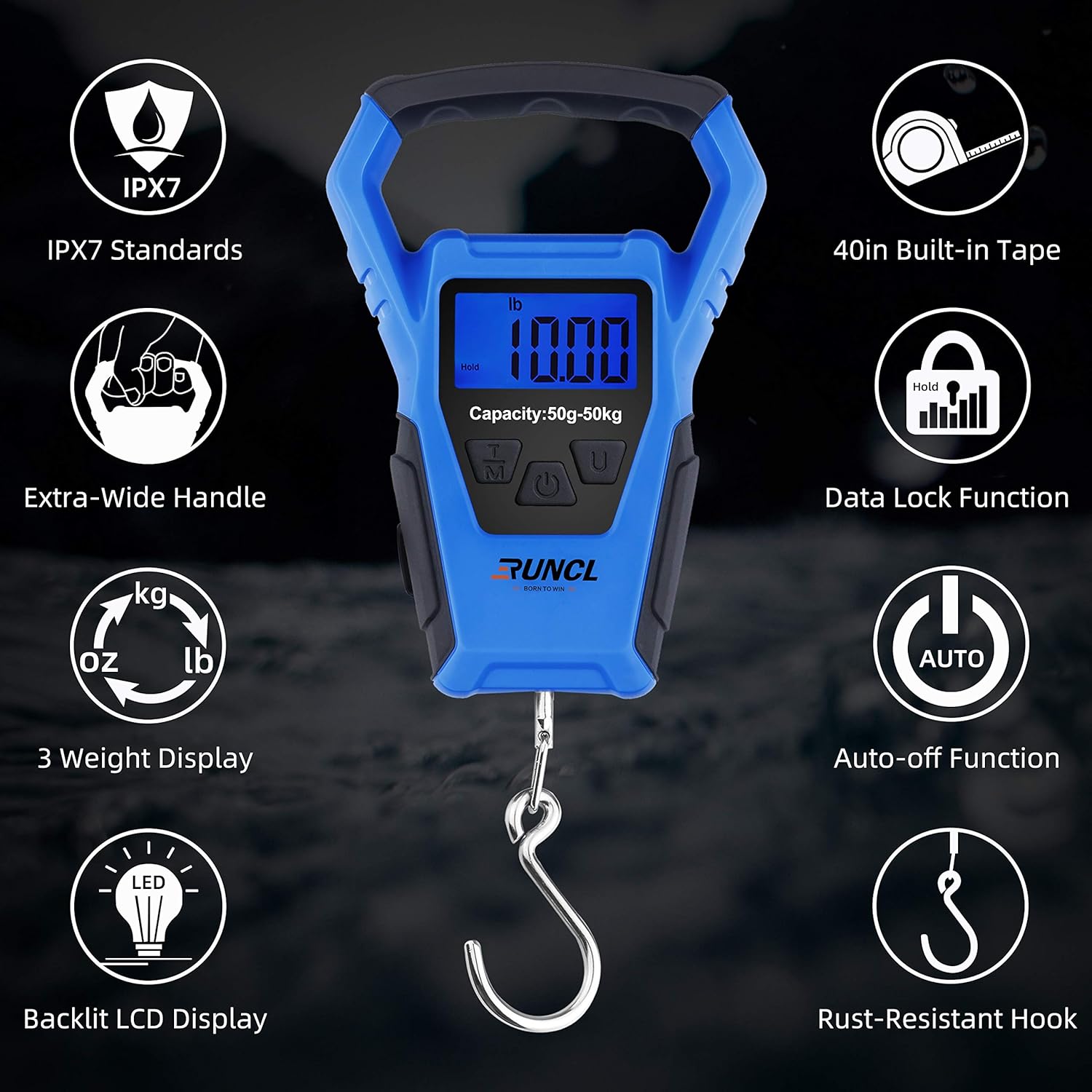 RUNCL Waterproof Fishing Scale with Fish Lip Gripper, Digital Fishing Scale with Ruler, Weight Scale 110lb/50kgs - Backlit LCD Display, Memory Storage & Summation - Hanging Scale (Blue): Industrial & Scientific