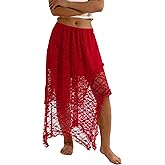 Women's Lace Long Skirts Elastic Asymmetrical Layered Hem Flowy Skirt Sexy See-Through Floral Beach Maxi Skirt