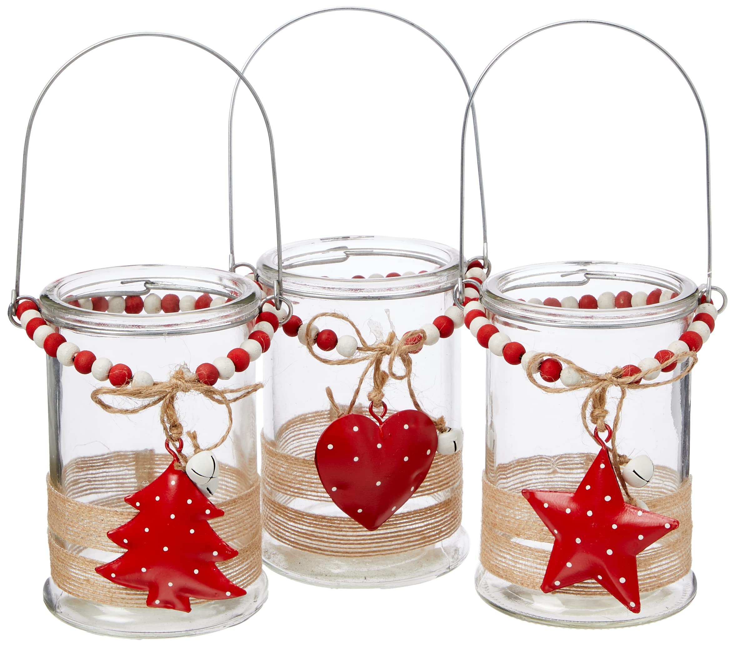 EUROCINSA Ref. 29122 Glass Candle Jar with Wooden and Metal Beads Ø8 x 11.5 cm 3pcs Red One Size