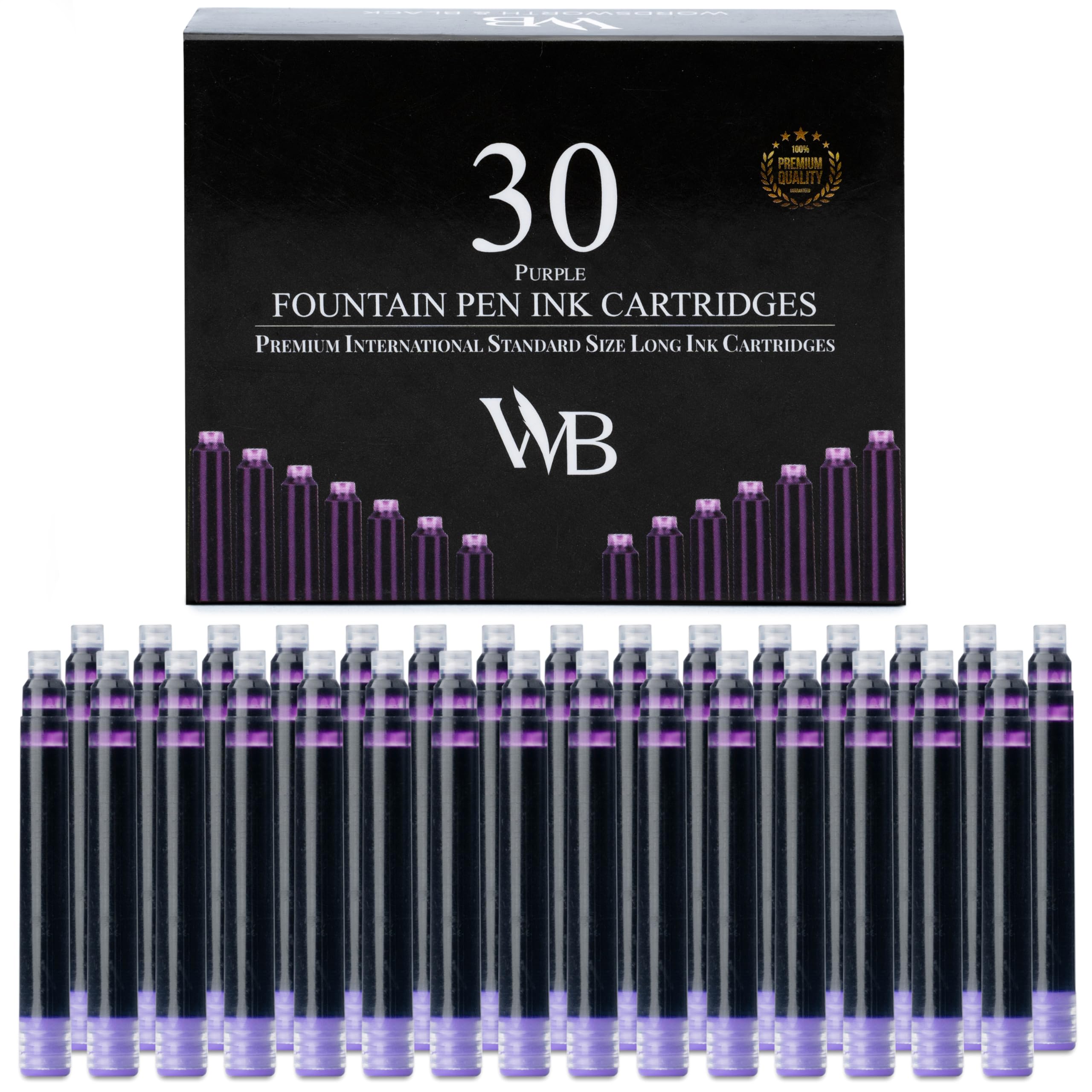 Wordsworth & Black Fountain Pen Ink Refills - Set of 30 Purple Ink Cartridges - International Standard Size - Length APPR 2.3" - Base Diameter APPR 0.24 Inch - Disposable and Generic — image 1