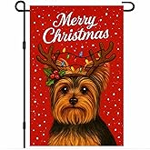 BlissYard Christmas Garden Flag 12x18 Inch Welcome Yorkshire Terrier Dog Outdoor Flag Double Sided Holiday Puppy Yard Banner with Antlers and Lights for Porch Lawn Patio