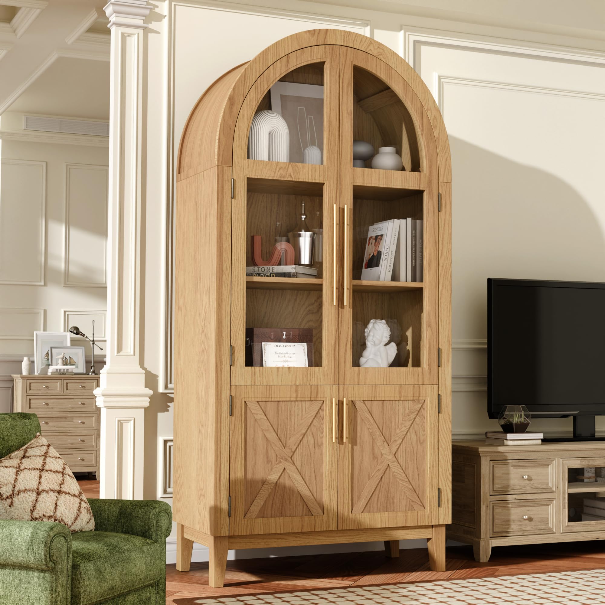 Photo 1 of infurnic 74" Tall Arched Display Cabinet with Glass Door, 5-Tier Arched Cabinet with Storage Door for Living Room, Dining Room & Kitchen, Oak