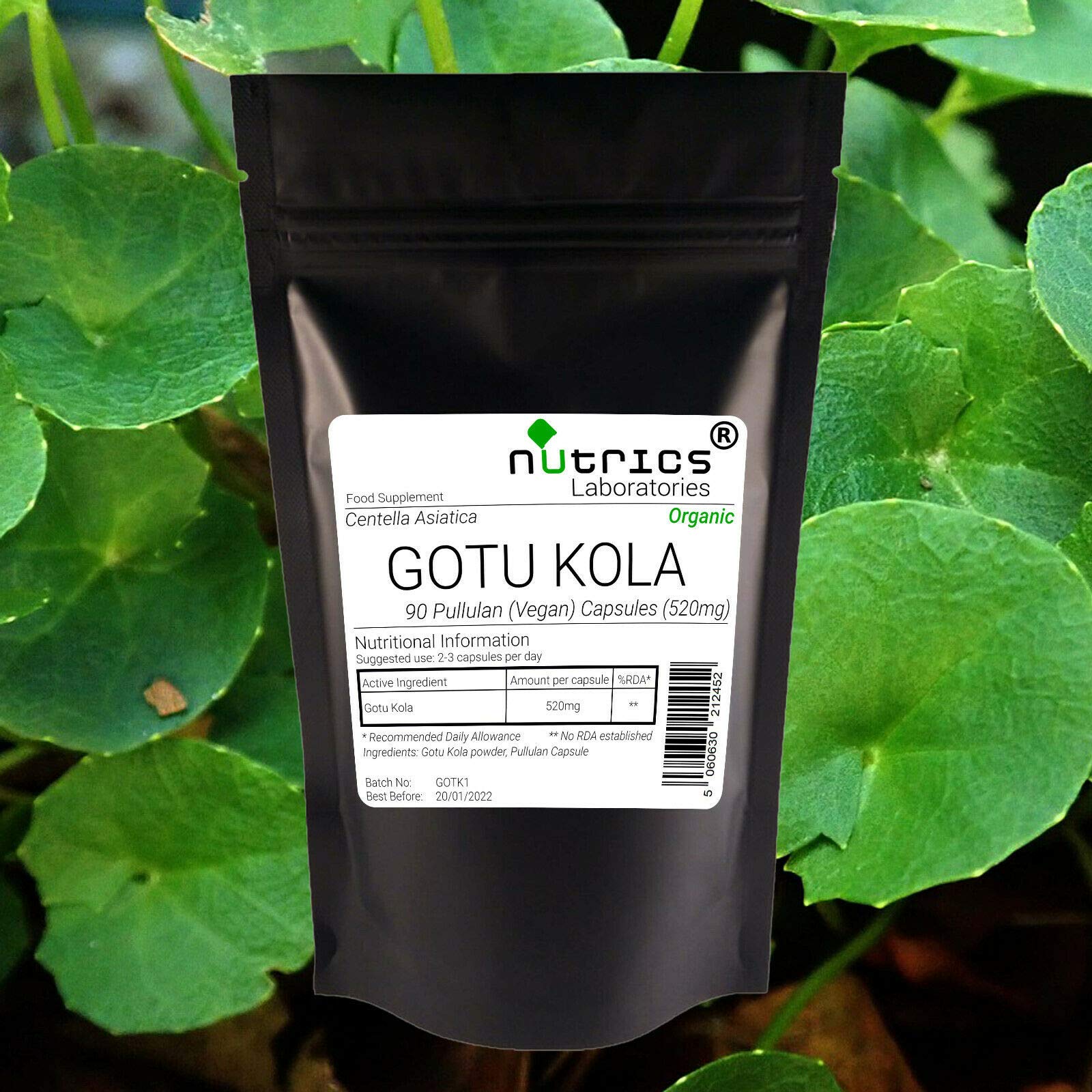 Nutrics® Organic 520mg GOTU KOLA 90 V Capsules (1 Month Supply) Suitable for Vegan Vegetarian Halal Kosher