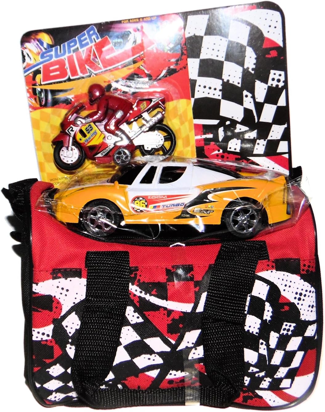 Gift Pack Race Car and Motorcycle Bike Toys with a Race Theme Lunch Duffle Easter or Birthday