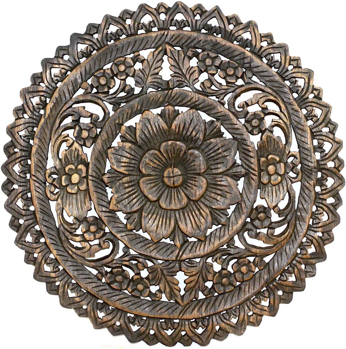 Haussmann® Teak Lotus Panel Inlay Round 60 cm H Black Stain Wax