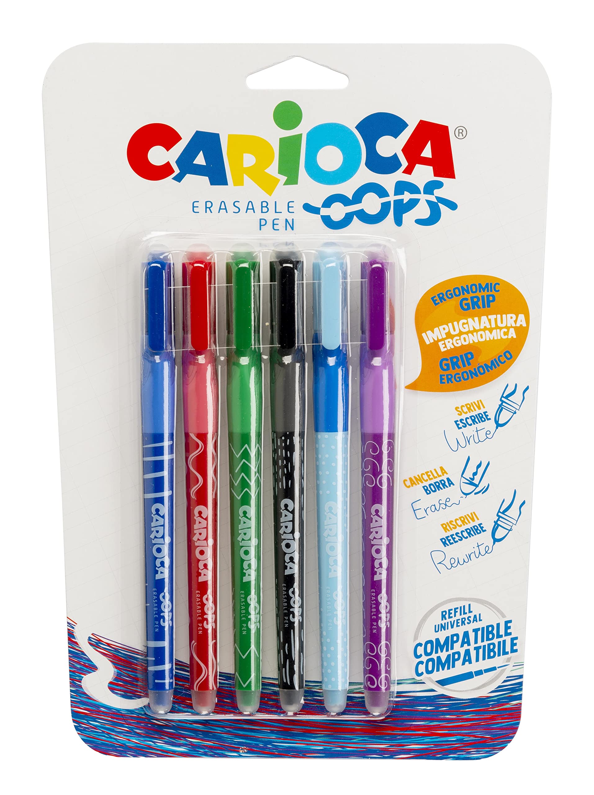 CARIOCA OOPS Erasable Pens Assorted Colors Blister of 6 - Tip Ø 0.7 mm, Ergonomic Triangular Grip, Double Eraser, Thermosensitive Ink, Compatible Refills (6 Erasable Pens)