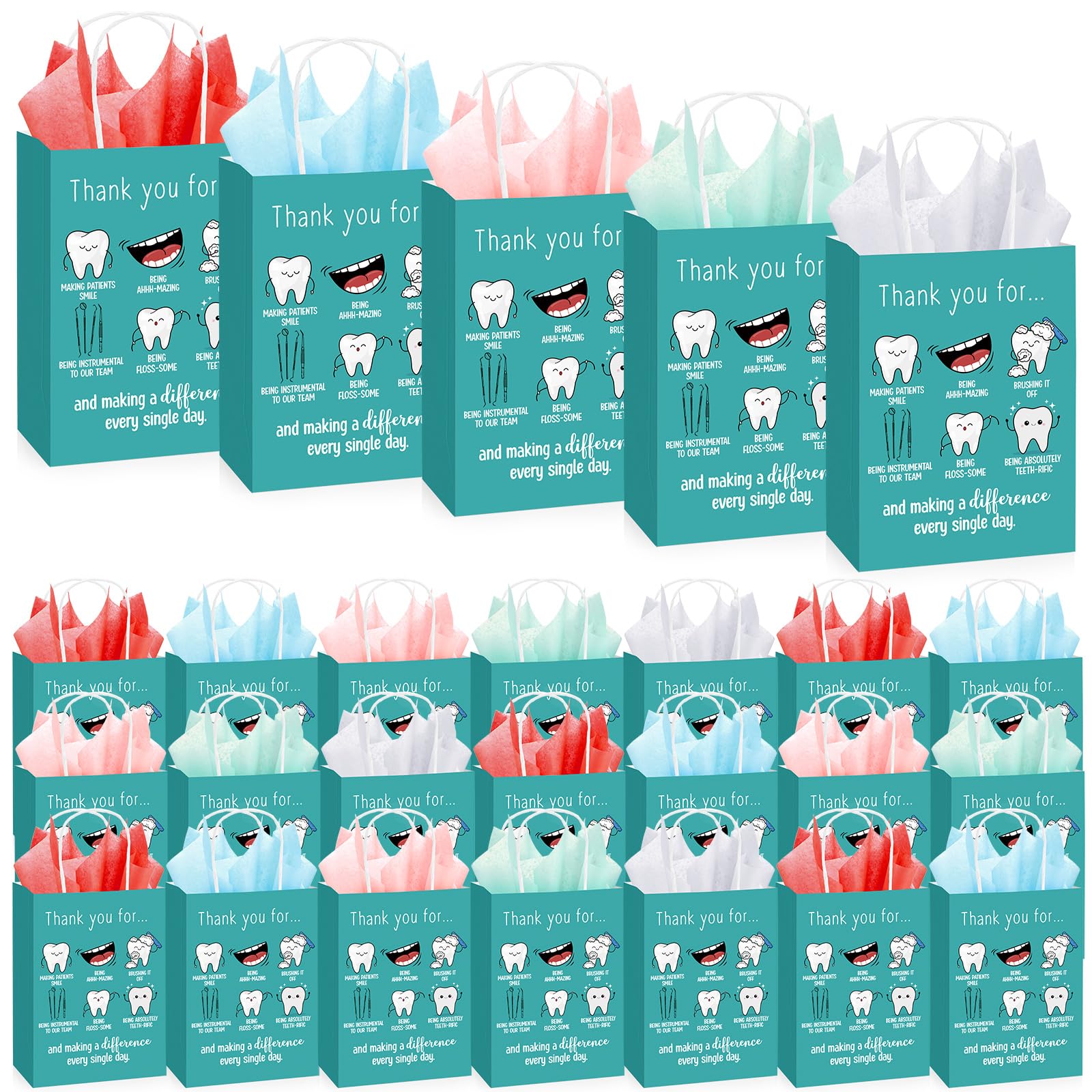 Photo 1 of Tenceur 25 Pcs Dental Hygiene Month Kraft Paper Gifts Bags Bulk with Handles and Tissue 8.27x5.91x3.15 Inch Dentist Inspirational Thank You Gifts Bags for Hygienist Dental Assistants Nurse Doctor
