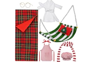 Aoriher 8 Pcs Christmas Doll Accessories Set with Christmas Sleeping Bag, Bathrobe, Apron and Chef Hat, Scarf, Glasses, Christmas Hammock Xmas Accessory for Doll Decorations(Green Stripes)