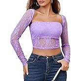 Avidlove Women's Mesh Top Long Sleeve Sheer Blouse See Through Floral Lace Tops Light Purple