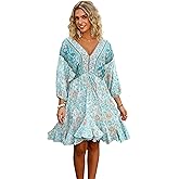 R.Vivimos Womens Summer Floral Dress 3/4 Sleeve Deep V Neck Boho Drawstring Backless Swing Mini Dress
