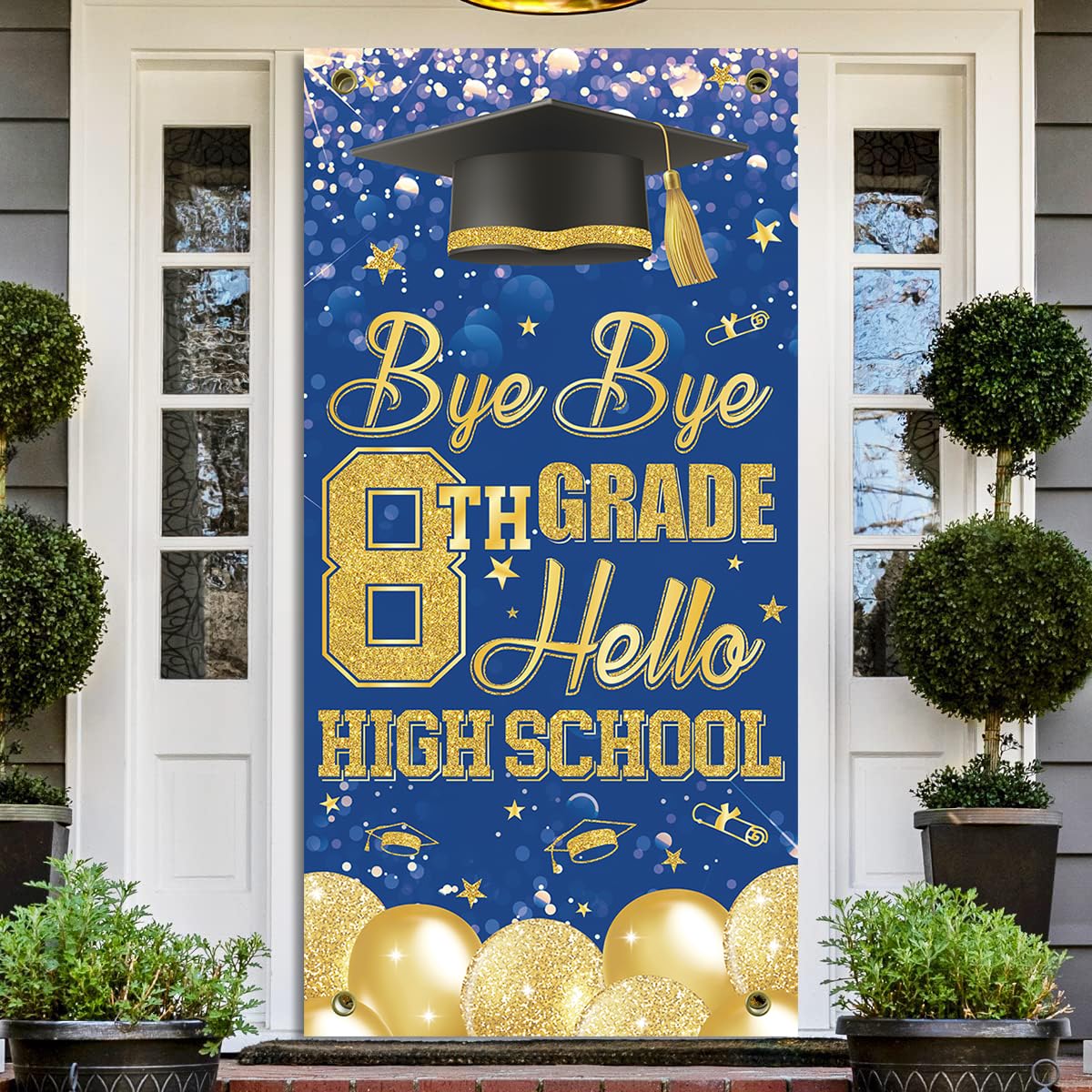 Photo 1 of 8TH Grade Graduation Decorations 2025, 8TH Grade Graduation Door Cover, Bye Bye 8TH Grade Hello High School Door Banner, 8TH Grade Grad Party Supplies