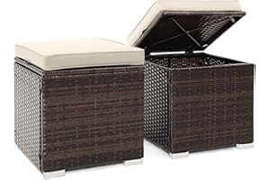 Tangkula 2 Pieces Patio Ottomans, Patiojoy Hand-Woven PE Rattan Side Table with Removable Cushion & Hidden Storage Space, Multifunctional Storage Box, Seat for Patio, Backyard, Poolside (Off White)
