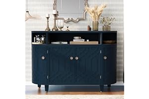 Amposei Curved Accent Cabinet 48-Inch Wooden Storage Sideboard Console Buffet Table Coffee Bar Cabinet with Doors & Adjustable Shelf for Living Dining Room Entrance, Navy Blue