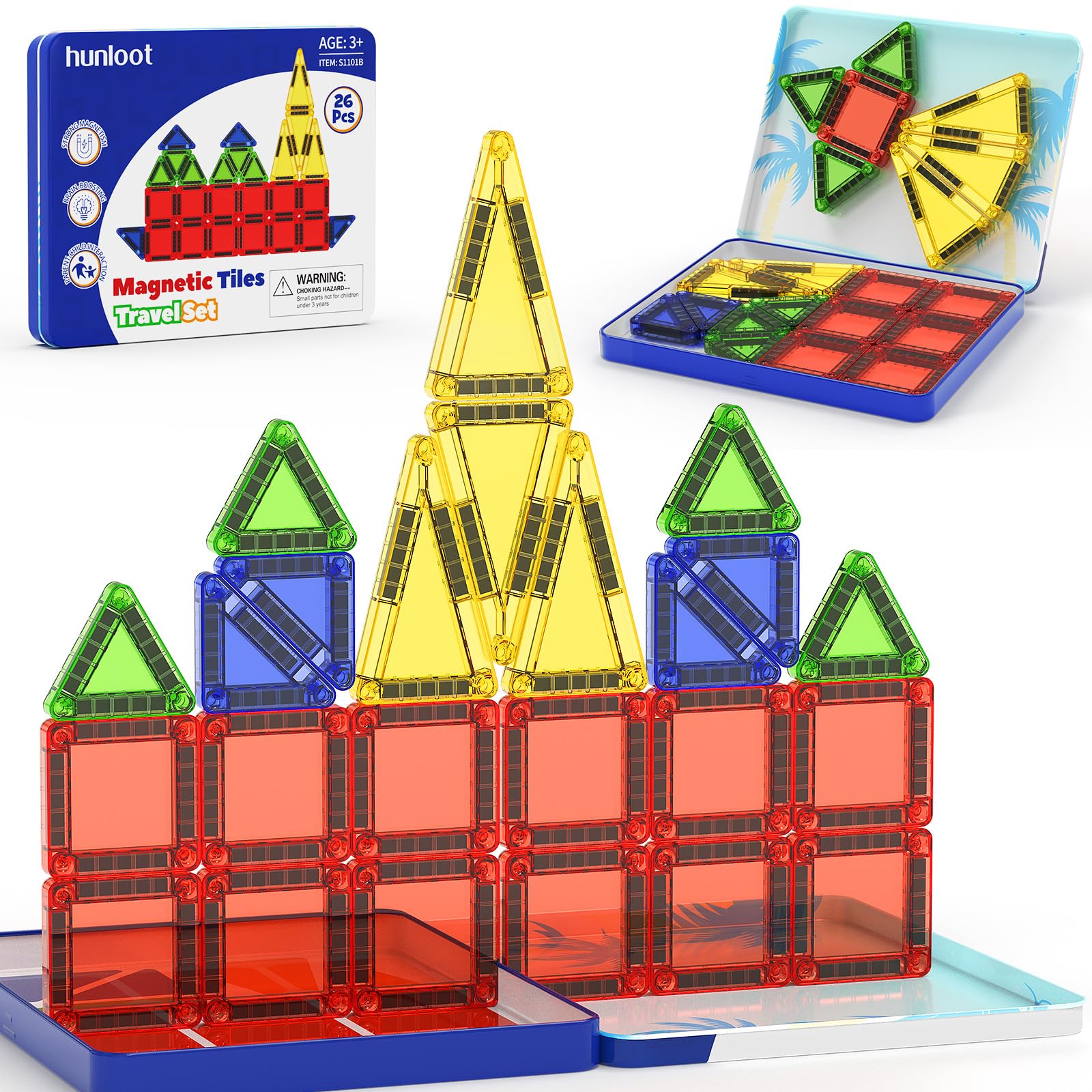 hunloot Magnetic Tiles Mini Building Blocks STEM Toys for 3-8 Year Olds, 26PCS Travel-Friendly Set with Storage Iron Box, Educational Construction Playset for Toddlers, Birthday Gift for Boys & Girls