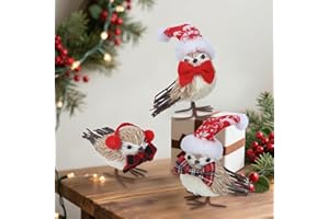 Sancodee Set of 3 Christmas Birds Table Top Decorations, Christmas Twig Bird Figurines with Plush Hat, Red Bird Xmas Ornaments Tabletop Decor for Mante Kitchen Fireplace Home Holiday