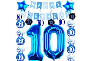 Pargleev 10th Birthday Party Decorations for Boys Girls Comprise Balloons with Swirl Decorations, Happy Birthday Banner,32 Inch 10 Numbers and Star Foil Balloons in Blue
