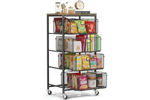 SUNALLY Rolling Storage Cart with Drawers, 4-Tier Utility Cart Snack Organizer with Lockable Wheels Metal Kitchen Storage Dra