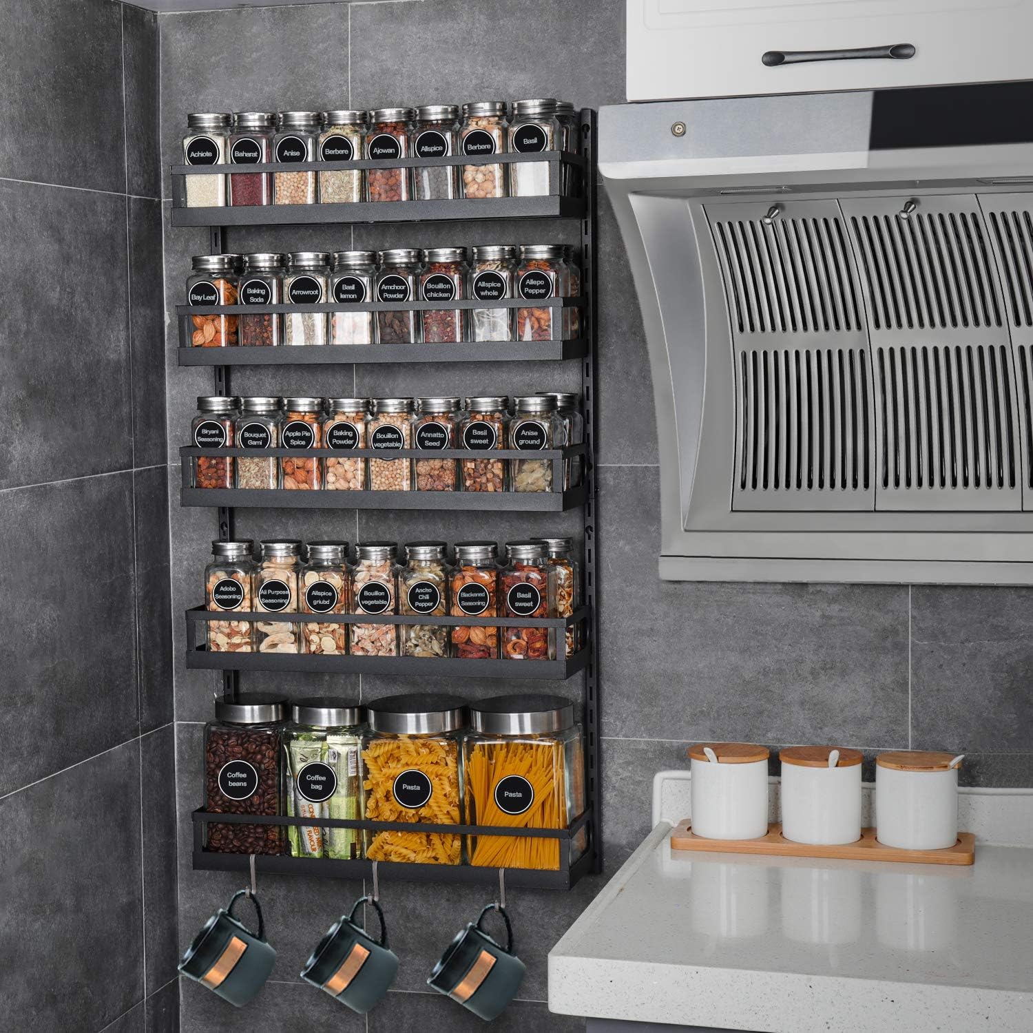 X-cosrack Wall Mount Spice Rack Organizer 5 Tier Height-Adjustable Hanging Spice Shelf Storage for Kitchen Pantry Cabinet Door, Dual-Use Seasoning Holder Rack with Hooks, Black-Patent Pending: Home Improvement