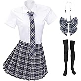 PROCOS Women Japanese Uniform Outfit US Size Costume with Plaid Bow Tie Socks 5 PCS