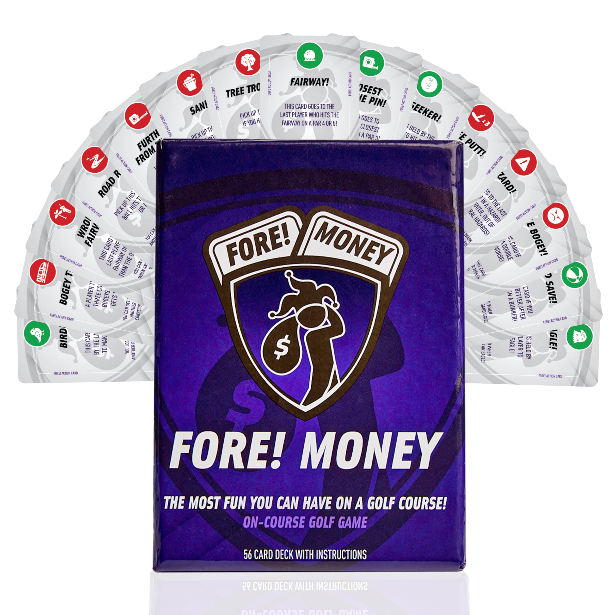 Fore! Money On-Course Golf Card Game – On Course Golf Wagering Game with Unique Challenges – Golf Gift for Men & Women – Interactive On-Course Golf Card Game Pack – 56 Cards Included
