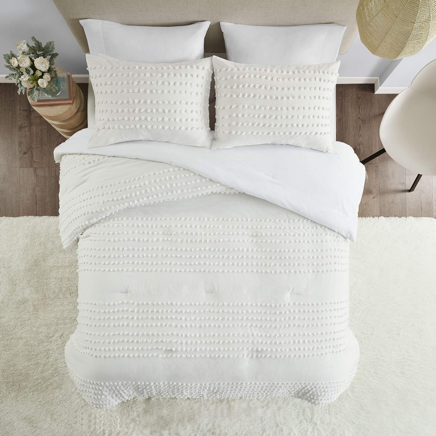 Comfort Spaces Phillips Comforter Reversible 100% Cotton Face Jacquard Tufted Chenille Dots Ultra-Soft Overfilled Down Alternative Hypoallergenic All Season Bedding-Set, Full/Queen, Ivory: Home & Kitchen