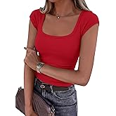 PRETTYGARDEN Womens Cap Sleeve T Shirts 2026 Square Neck Basic Tees Slim Fit Ribbed Knit Spring Going Out Tops Summer Clothes