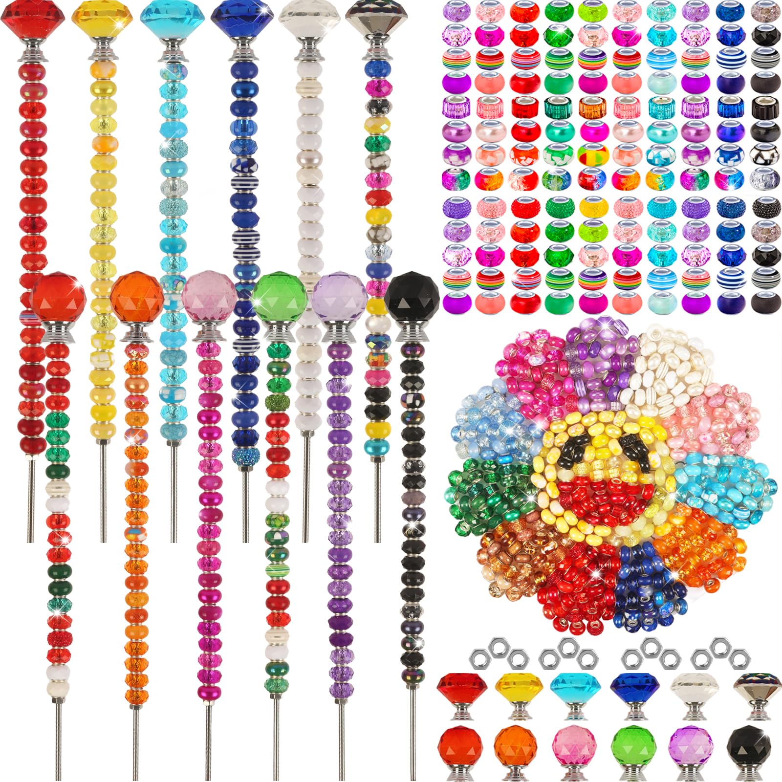 View 1 of 300 Pcs Garden Stakes Diy Fairy Wand Garden Stakes Kit, Colorful Large Hole Bead Crystal Diamond Stopper Top 12 Stainless Steel Threaded Rod Beaded Fairy Wands Supplies For Outdoor Beadable Decorative