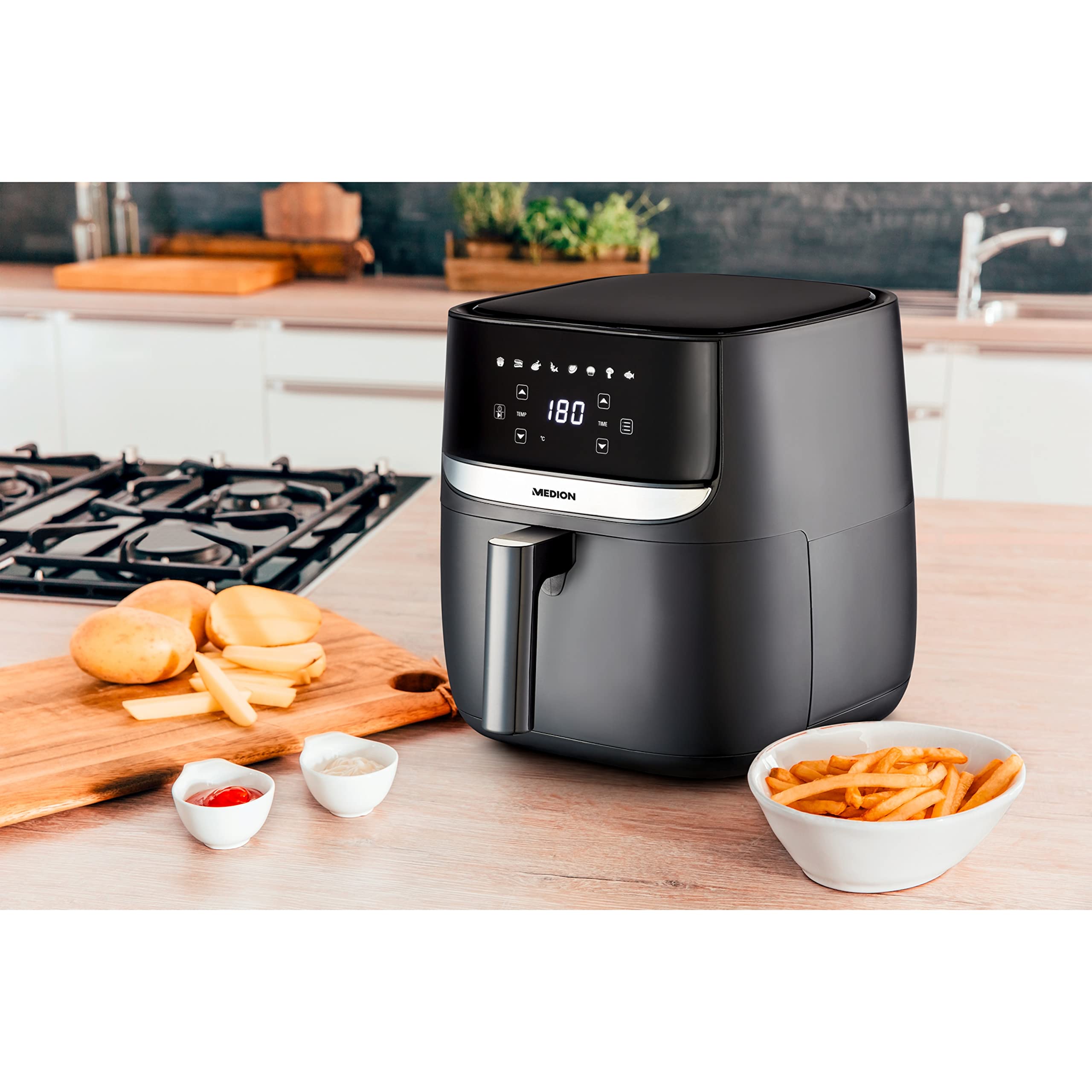 MEDION E50 XL Heißluftfritteuse (5,7 Liter, Airfryer, ca. 1700 Watt, Digitales Bedienfeld, 8 Automatikprogramme, ölfreies Frittieren, 30 Min Timer, Überhitzungsschutz, MD10532) 8