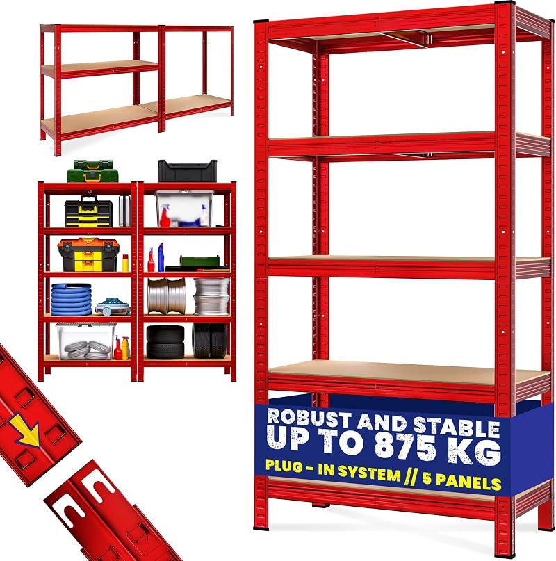 Monzana 5 Tier Heavy Duty Garage Shelving Unit Red Galvanised Steel Storage
