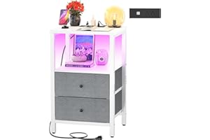 Cyclysio NightStand with Charging Station and LED Lights, Night Stand with 2 Drawers, 25.6'' End Table Bedside Tables with Storage, 3 Tier Tall Night Stand with Storage for Bedroom Living Room, White