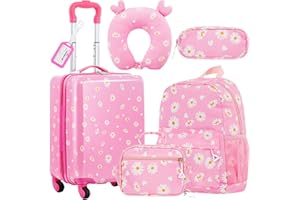 Redbaker 6 Pcs Kids Luggage Set Gifts for Christmas 17 Inch Kids Rolling Luggage Double Pattern Suitcase for Boys Girls(Light Pink,17 Inch,Leopard Print Style)