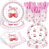 140PCS Cherry Birthday Party Decorations Supplies, Disposable Tableware Set - Cherry Design Kids Girls Fruit Pink Plates, Cups, Napkins,Forks for 20 Guests
