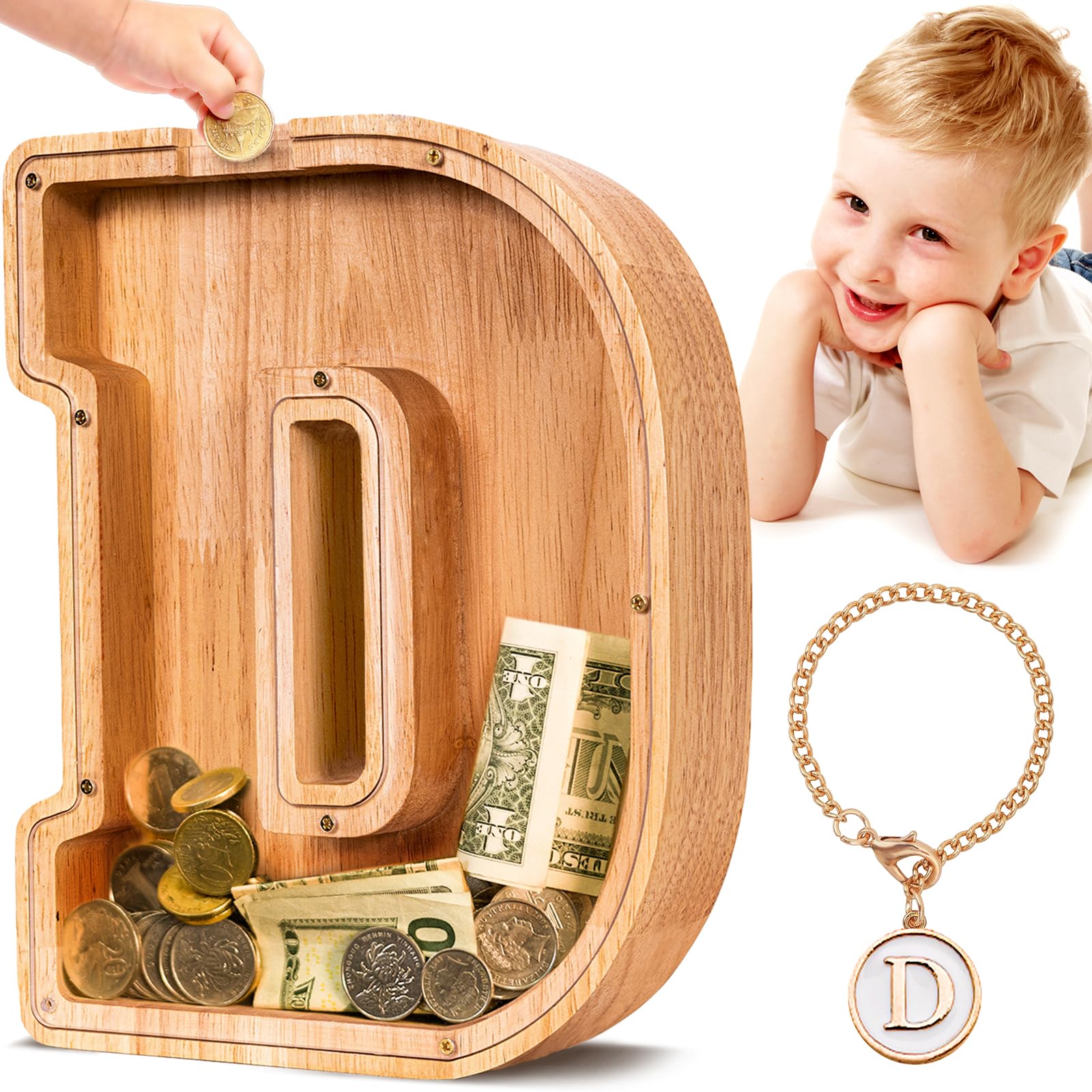 SummiDate Wooden Letter Money Box for Kids, Personalised Piggy Bank for Boys Girls Toddler, Alphabet D Coin Money Bank for Birthday Children's Day Gift
