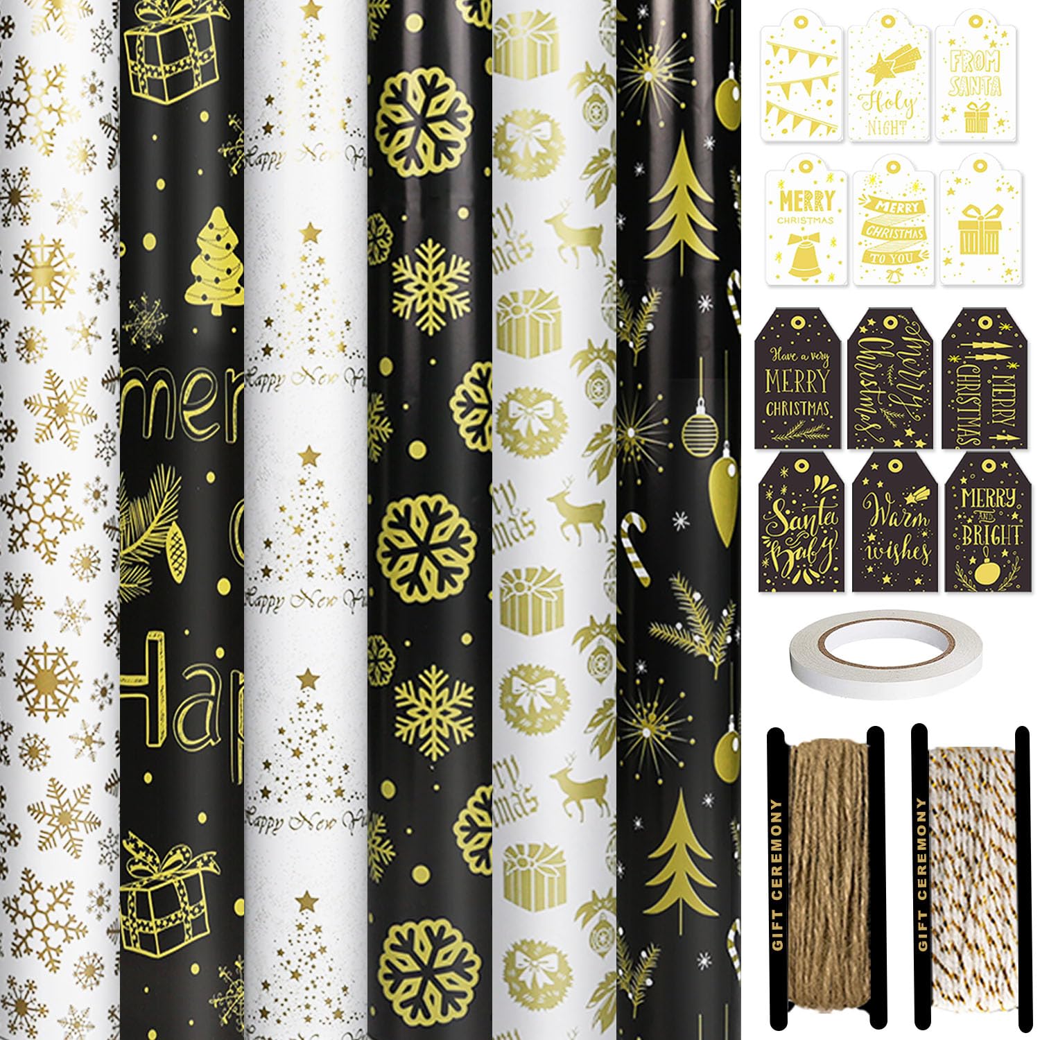 Photo 1 of (Box -26 pack bundle)HaloCasa 6 Rolls Black Gold White Christmas Wrapping Paper - 76cm x 3m Large Metallic Holiday Gift Wrap with Snowflakes & Trees Design, Includes Tags, Strings, Tape for Xmas Gifts Decorations