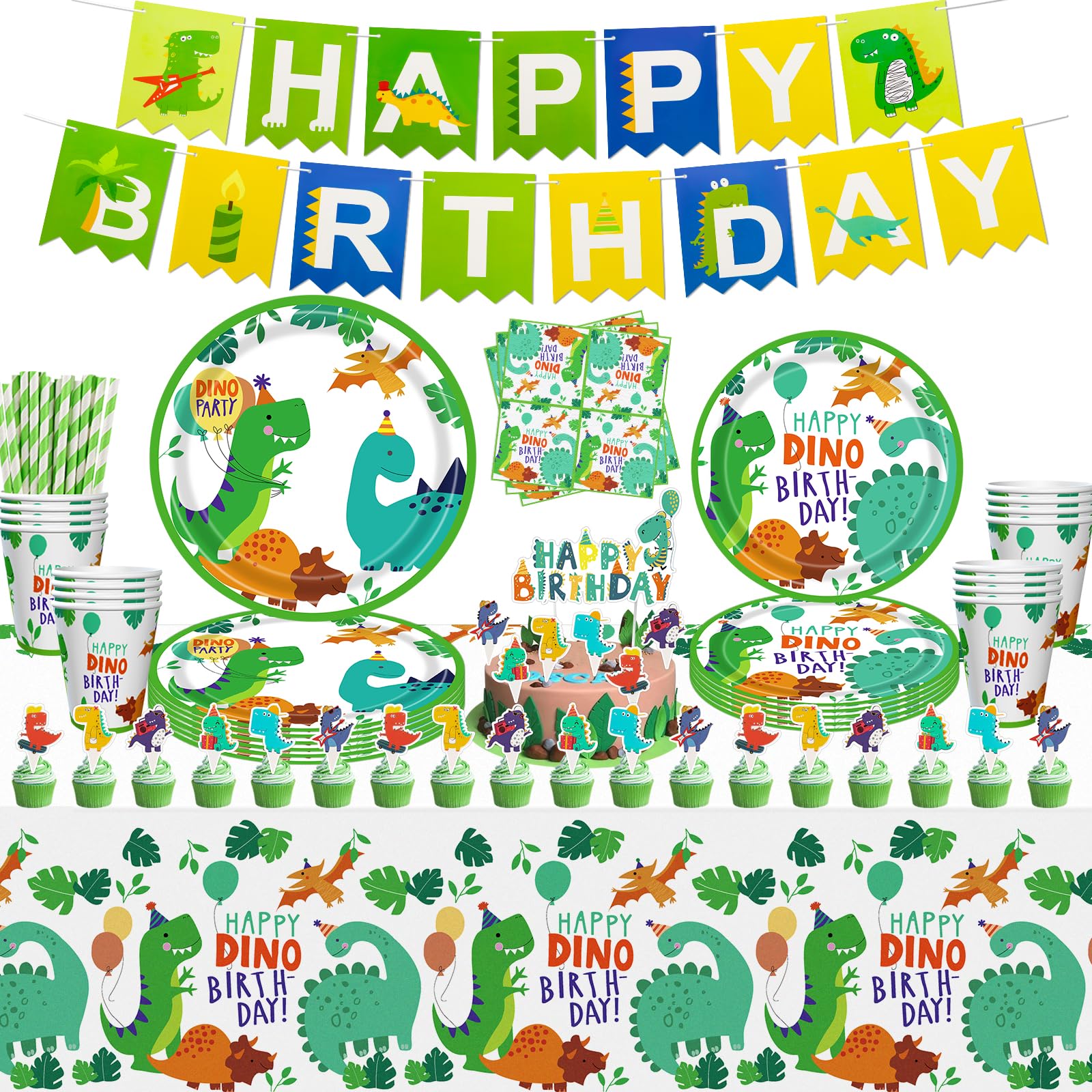 131 PCS Dinosaur Birthday Party Supplies Dinosaur Party Decorations for Boys Dinosaurs Theme Tableware Set Birthday Party Plate Set Dino Cake Toppers Balloons Dino Tablecloth Serves 20