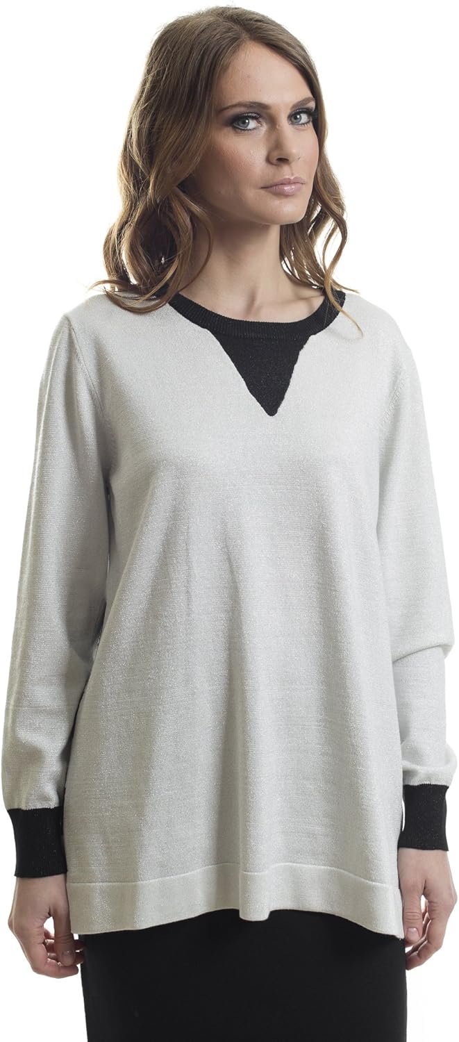 VECCELI Italy Women's Metalic White Sweater with Stripes Back Pullover Top at Amazon Women’s