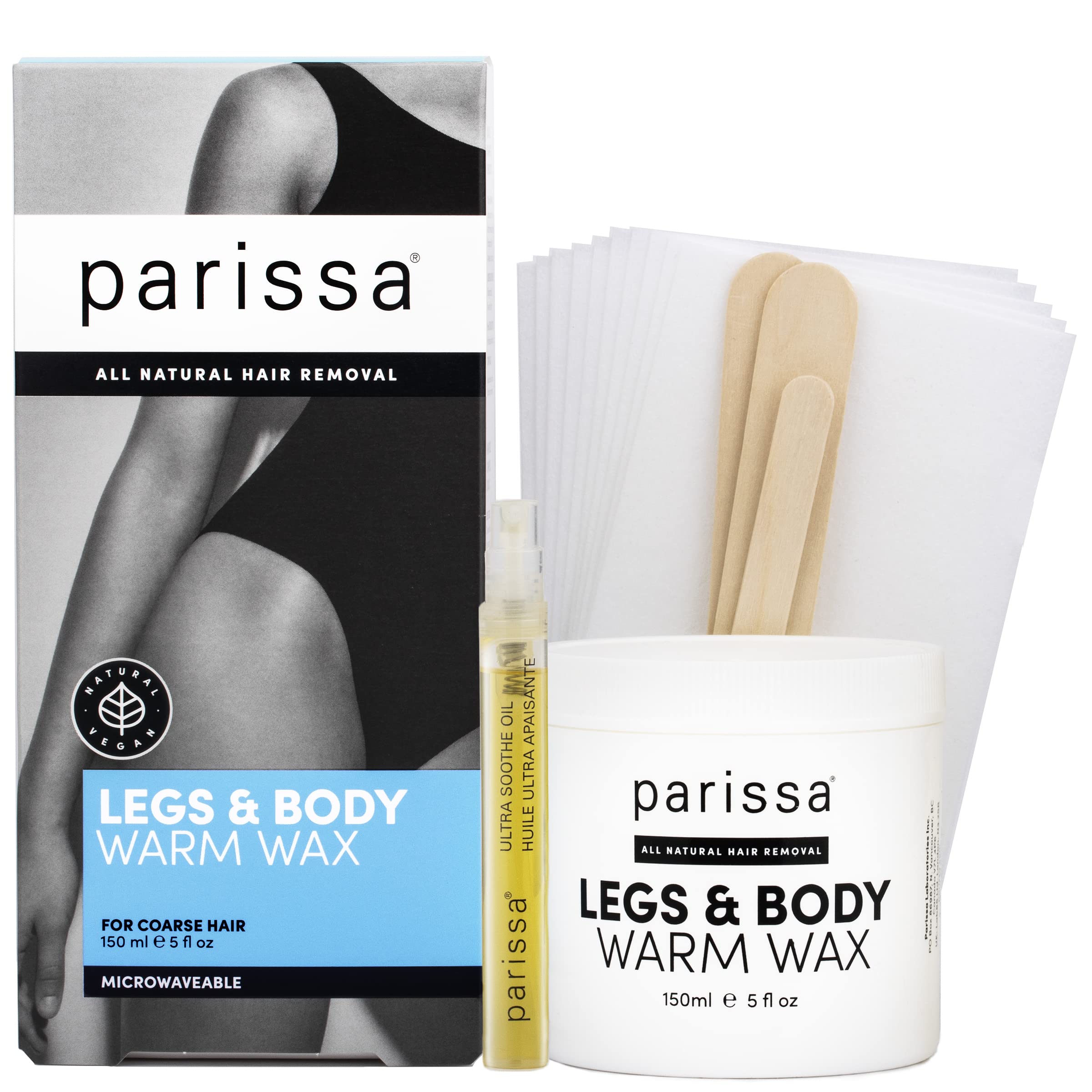 Parissa Legs & Body Warm Wax Kit | Salon-Style Microwavable Wax for Coarse Hair Removal on Face & Body | Vegan | At-Home Hair Removal Kit | 150ml (5 Fl Oz)