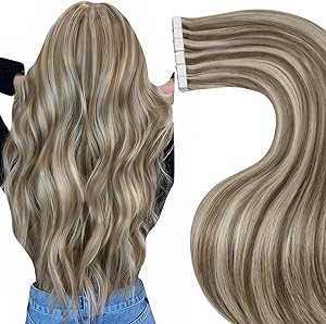 LaaVoo Echthaar Extensions Tape Braun Highlighted Tape in Hair Extensions Echthaar Skin Weft Hellbraun mit Hellblond Haarverlängerung Echthaar Tape in Extensions 50g 20PCS 40cm #P8/24