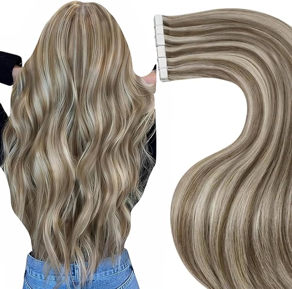 LaaVoo Echthaar Extensions Tape Braun Highlighted Tape in Hair Extensions Echthaar Skin Weft Hellbraun mit Hellblond Haarverlängerung Echthaar Tape in Extensions 50g 20PCS 40cm #P8/24