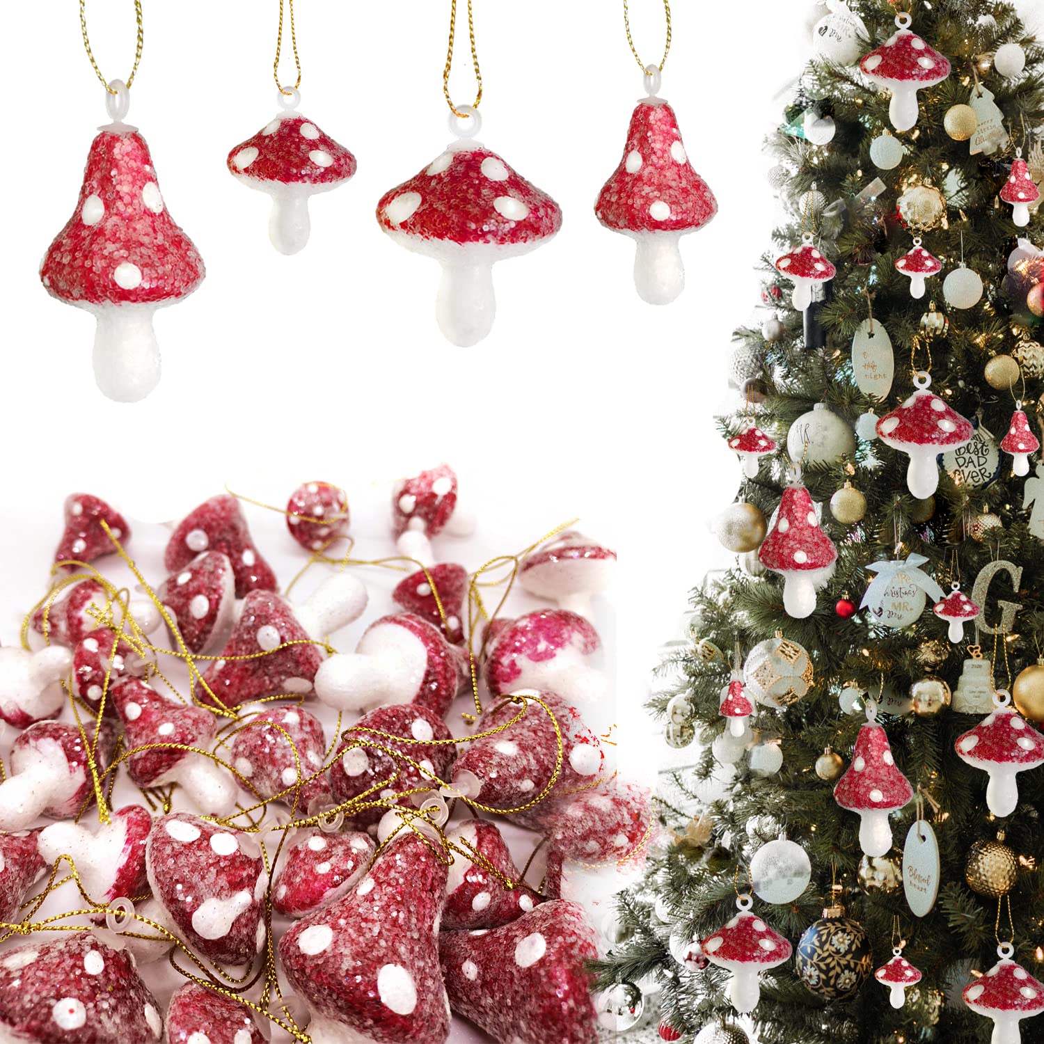 32-Piece Mushroom Decorative Hanging Ornaments for Christmas Tree - Red & White Foam Mushroom Decorations for Holiday Party, 4 Sizes