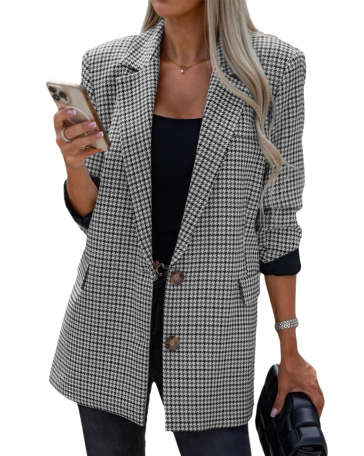 Photo 1 of ebossy Women's Casual Oversized Blazer Suit Notch Lapel Button Plaid Work Office Jacket Wool Pea Coat (S, Grey)