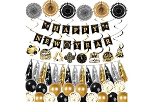 ANSOUFIEN 2026 New Year Decorations – Black Gold New Year’s Eve Party Supplies with Happy New Year Banner, Hanging Swirls with Cutouts, Foil Tassel Garland, Paper Fans & Balloons for New Years Decorations